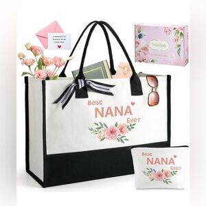 Floral 'Best Nana Ever' Tote Bag - Black and White Beach Bag Makeup Bag